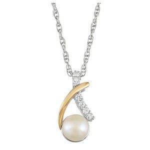 NWT Sterling Silver/10K Gold Pearl Created White Sapphire Pendant necklace 18'
